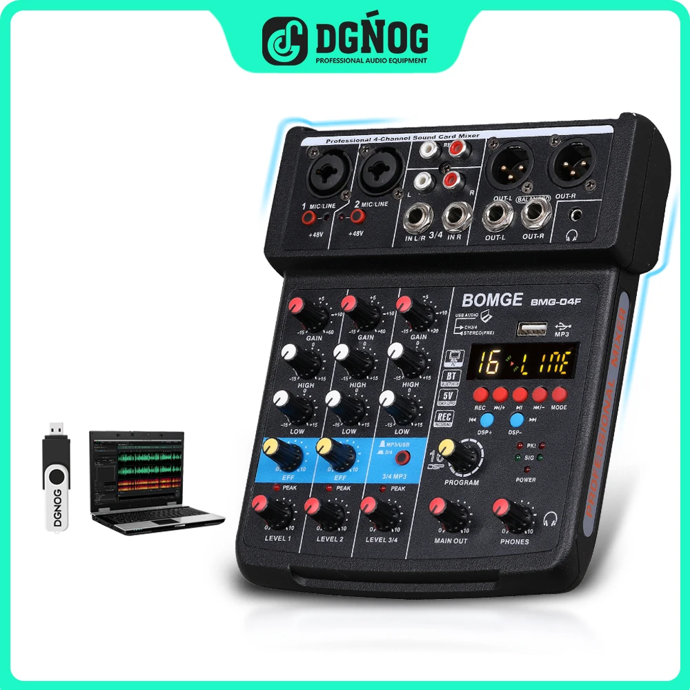 DGNOG 4ch mixagem de Som, mesa de Mistura de DJ Com 24 Echo DSP Bluetooth Alimentação Fantasma de 48V Monitor de Sistema de Karaokê USB 5V Mixer de Áudio