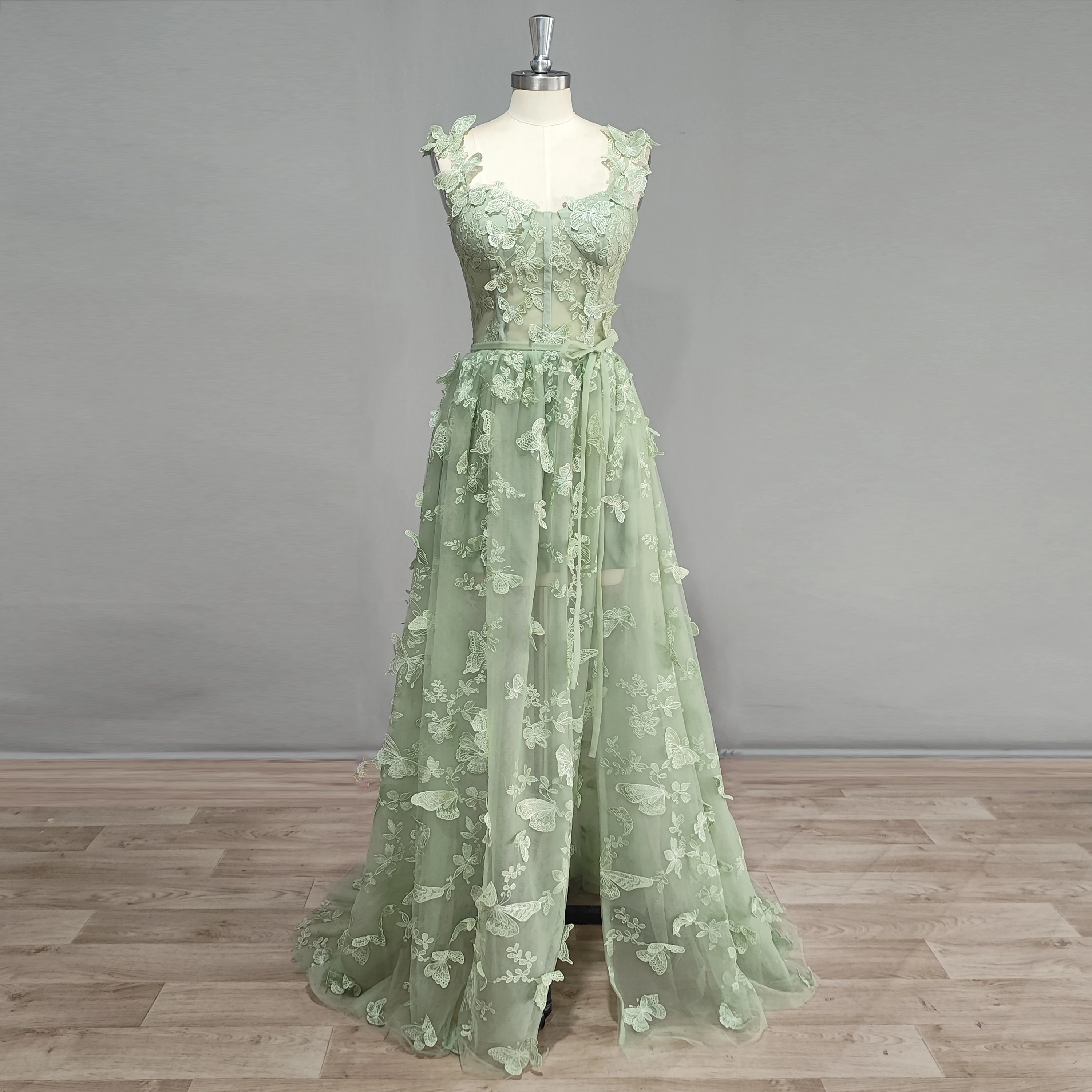 DIDEYTTAWL Fotos Reais 3D Borboletas Sage Verde Tule Vestido de Baile Sweetheart Uma Linha de Alta Fenda de Fadas Vestido de Noite