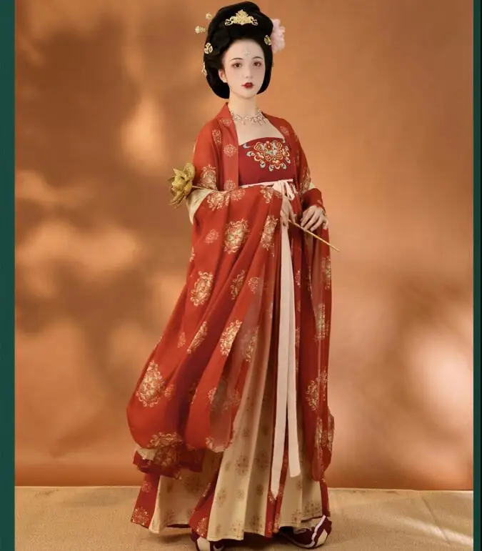 Dinastia Tang Mulheres de Vestido Chinês Antigo roupas de Verão Hanfu Chinês Lugar Red Chiffon