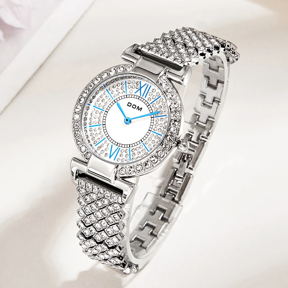 DOM 2022 Nova Moda Casual Mulheres Relógio de Quartzo Impermeável Completo Pulseira de Diamante de Senhoras Cinta de Aço