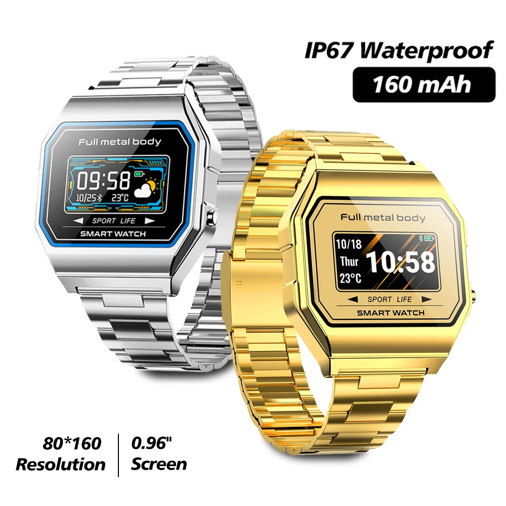 Esportes Smart Watch Homens Super Slim Prata da forma de Aço 0.96 polegadas 9MM frequência Cardíaca IP67 Impermeável Smartwatch Para Android IOS iPhone