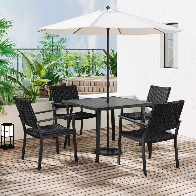 Euroco 5-Peça Pátio Mesa de Jantar de Vime ao ar livre Conjunto de Mesa com Guarda-chuva Buraco e 4 Cadeiras