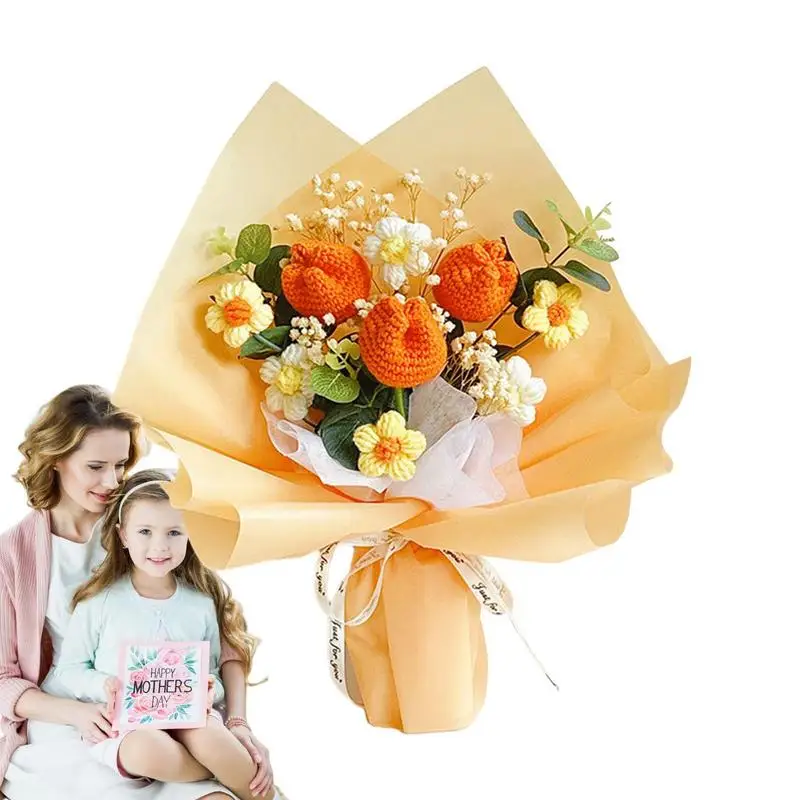 Feito a mão de Malha Buquê TeachersDay Presente Preservado de Flores Para o Dia da Mãe Eterna Decoração Home de Malha Preservado Flor