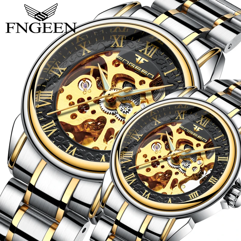 FNGEEN Par de Relógios de Luxo Automático Esqueleto Relógio Mecânico Impermeável de Aço Inoxidável Relógios Para Mulheres, Homens Relógio