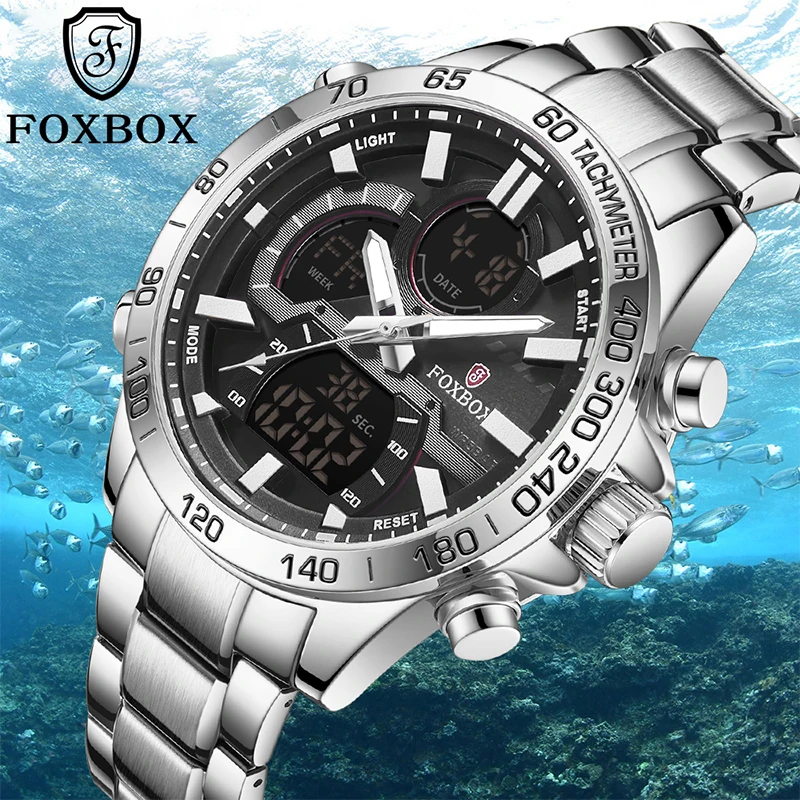 FOXBOX Marca Militares Desporto Relógios Mens Digital Multifunção em Aço Inoxidável relógio de Pulso de Quartzo Masculino Relógio Relógio Masculino