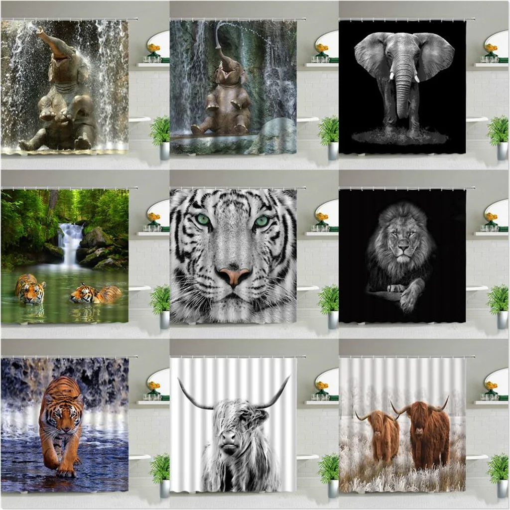 Gado Elefante, Zebra, Tigre, Leopardo Animal Impermeável Chuveiro Cortinas Transparentes De Plástico Para A Casa De Banho Conjuntos De Tecido Ganchos Anéis