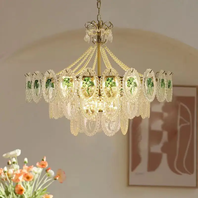 Ginkgo biloba francês luz de luxo lustre viver quarto de cristal da lâmpada de pós-moderno, todos de cobre quarto principal lâmpada