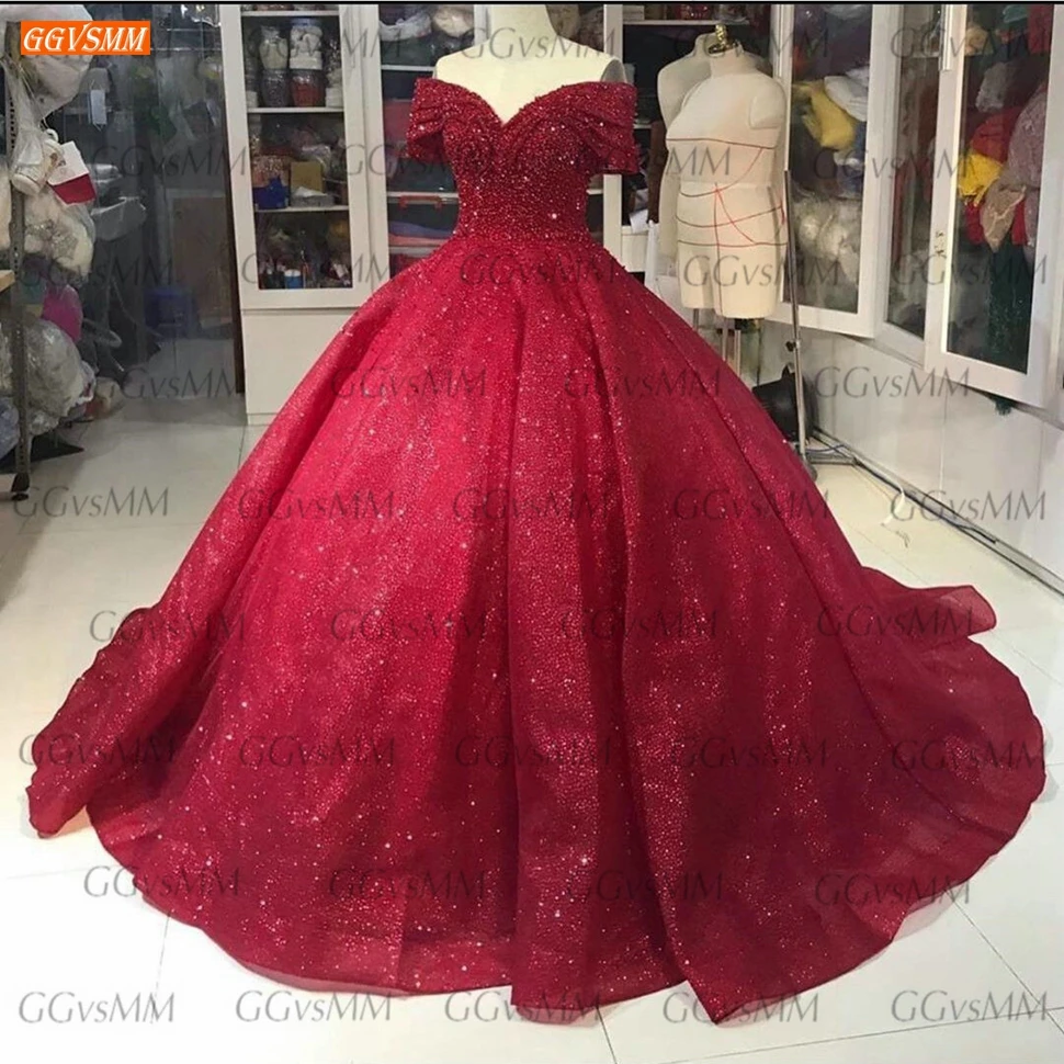 Glitter Vermelho Vestidos De Noiva 2020 Robe De Mariee Laço Frisado Bola Vestido De Noiva Vestido De Mulher Árabe Feito Suknia Slubna