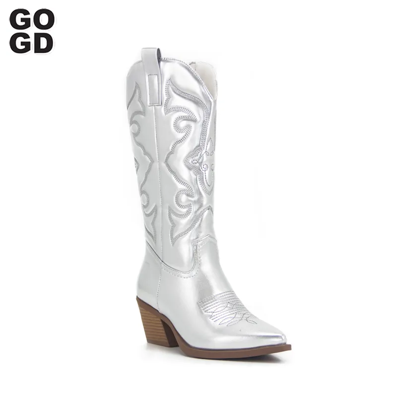 GOGD Cowboy cor-de-Rosa em reverssa Botas Para Mulheres 2022Fashion Zip Bordado Dedo Apontado Chunky Calcanhar Meados de Bezerro Botas Western Brilhante Sapatos