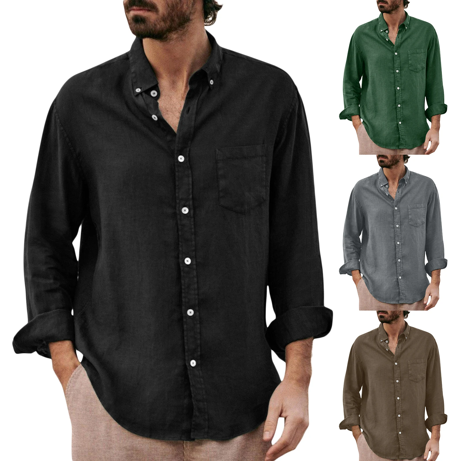 Homens de Lapela Gola de Camisa de Cor Sólida de Manga Longa, Botão para Baixo Solto Simples Blusa com Bolso no Peito