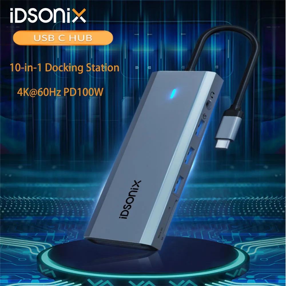 iDsonix HUB USB C 4k Estação de Ancoragem Divisor Por 10 em 1 CONCENTRADOR USB 3.0 A 60Hz PD100W RJ45 SD/TF Splitter Usb Para o Macbook Air Pro