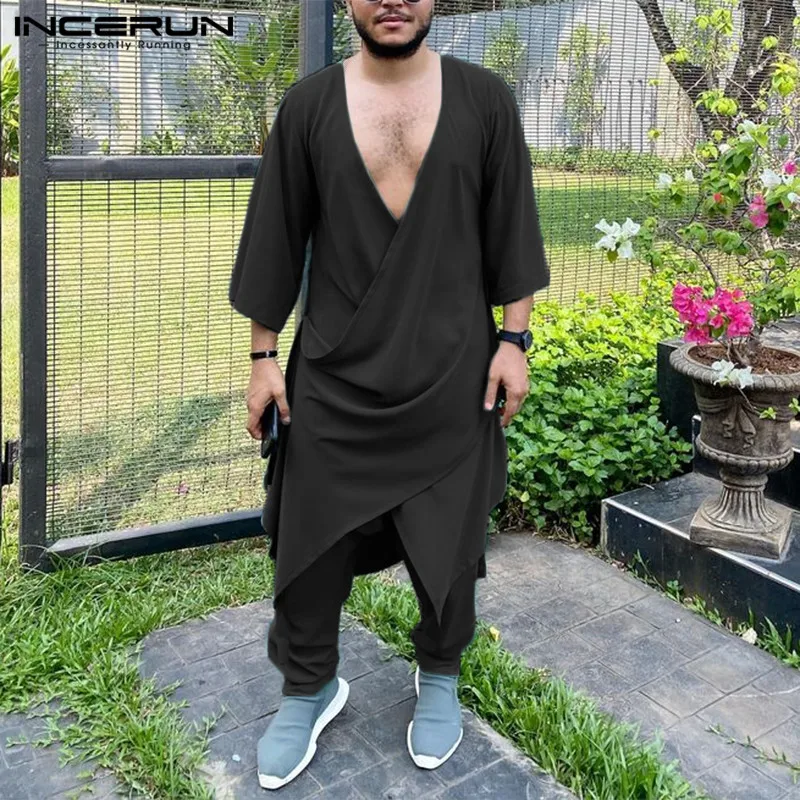 INCERUN Muçulmano Estilo Elegante Define Novos Homens do V-Pescoço de Cor Sólida 3/4 de Manga da Veste de Calças Casuais Streetwear Masculino de Dois Conjuntos de peças S-5XL