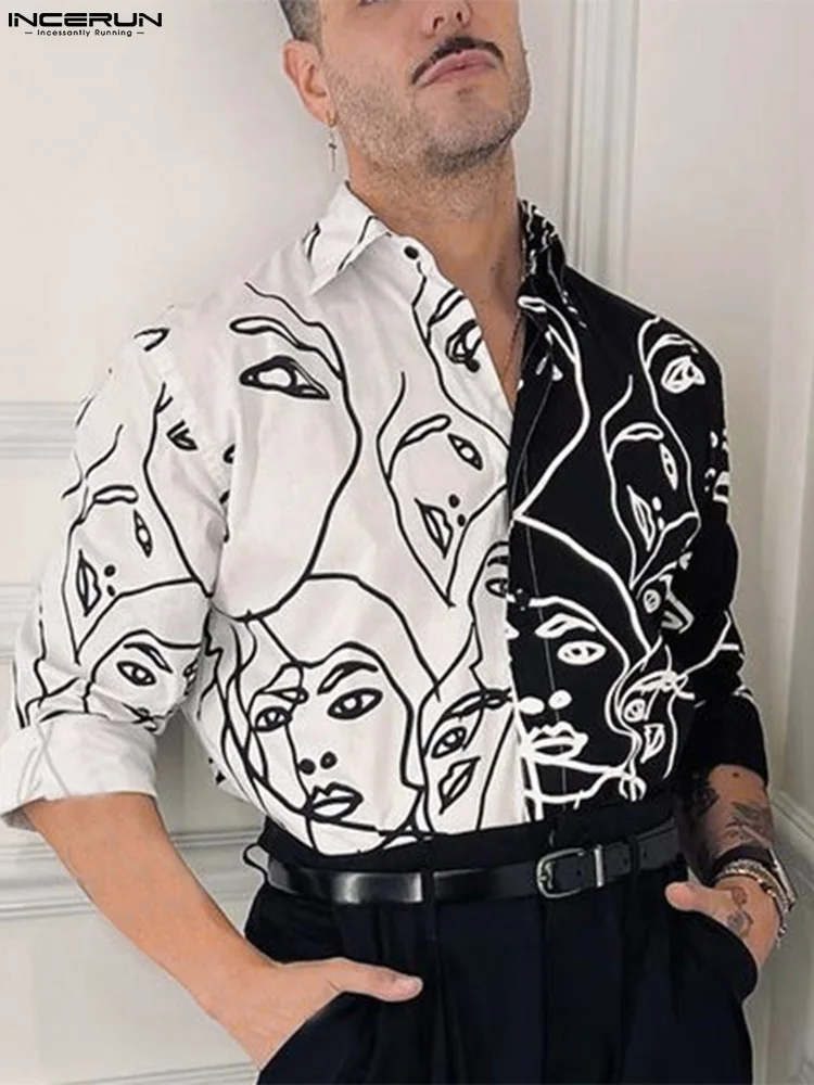 INCERUN Tops 2022 Novo Casuais dos Homens Quentes da Venda de Blusa Estilo Americano Elegante do sexo Masculino Face de Impressão da Cor do Contraste Streetwear Camisa de S-3XL