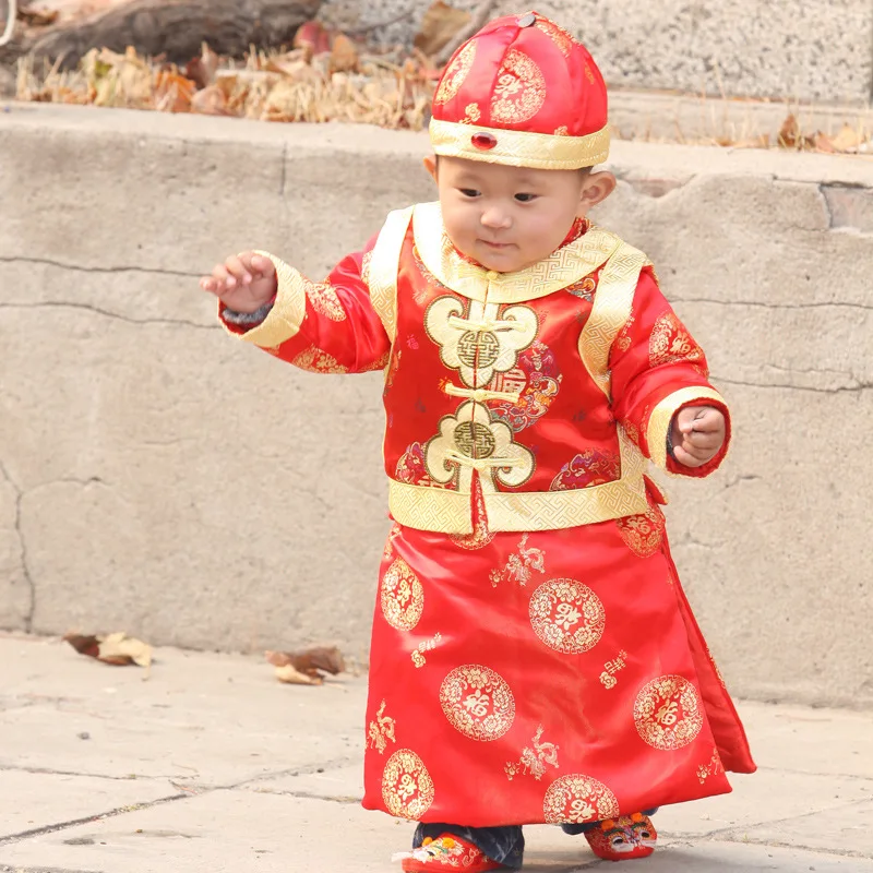 Inverno Bebê Recém-Nascido Meninos Chinês Tradicional Traje De Festa De Ano Novo Engrossar Vestuário, Bordados Aniversário Do Festival Dom Tang Terno