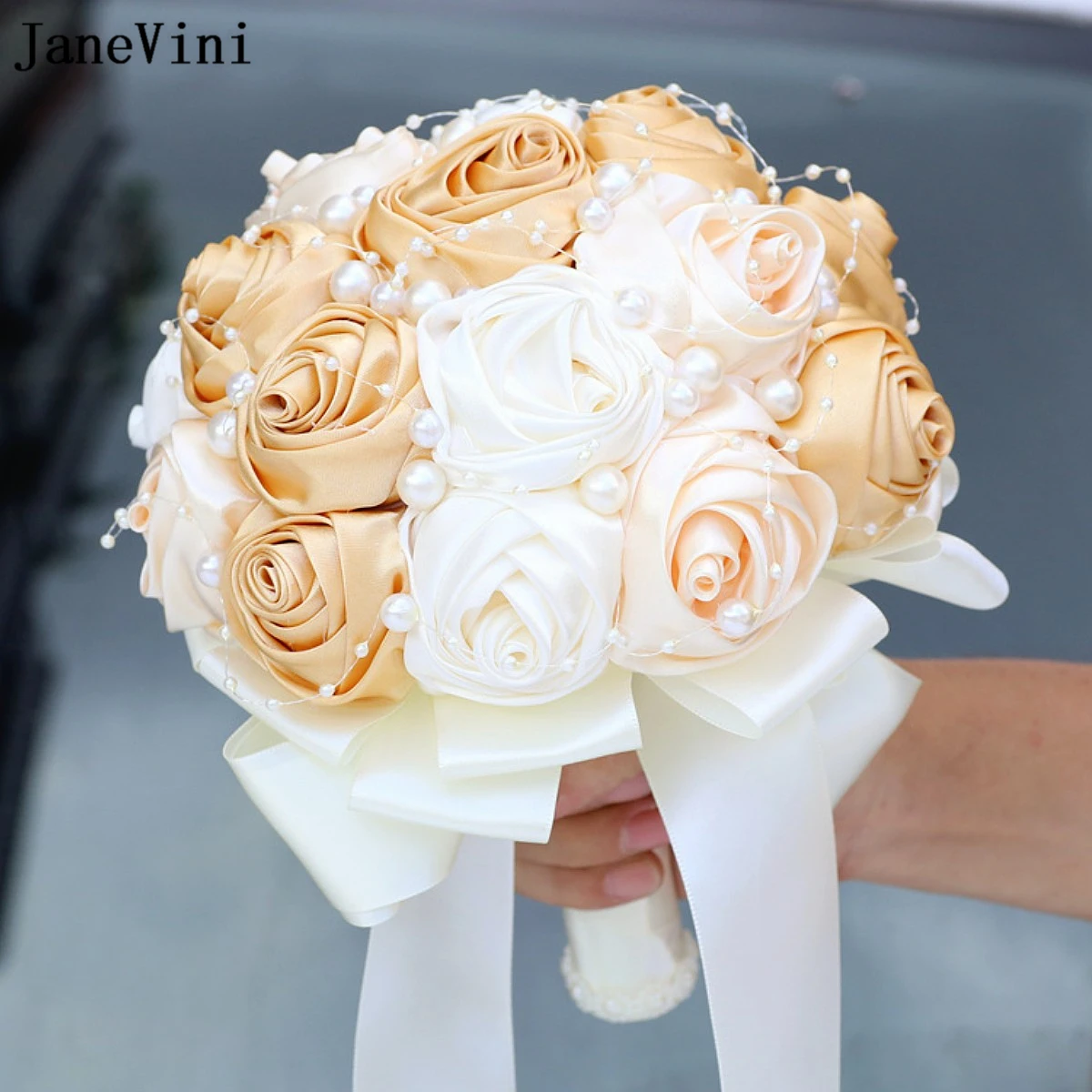 JaneVini 2023 Quente da Venda de Dama de honra Bouquets de Noiva com Pérolas de Luz Cáqui Marfim Fita de Flores Artificiais para Casamento Brooch Bouquet