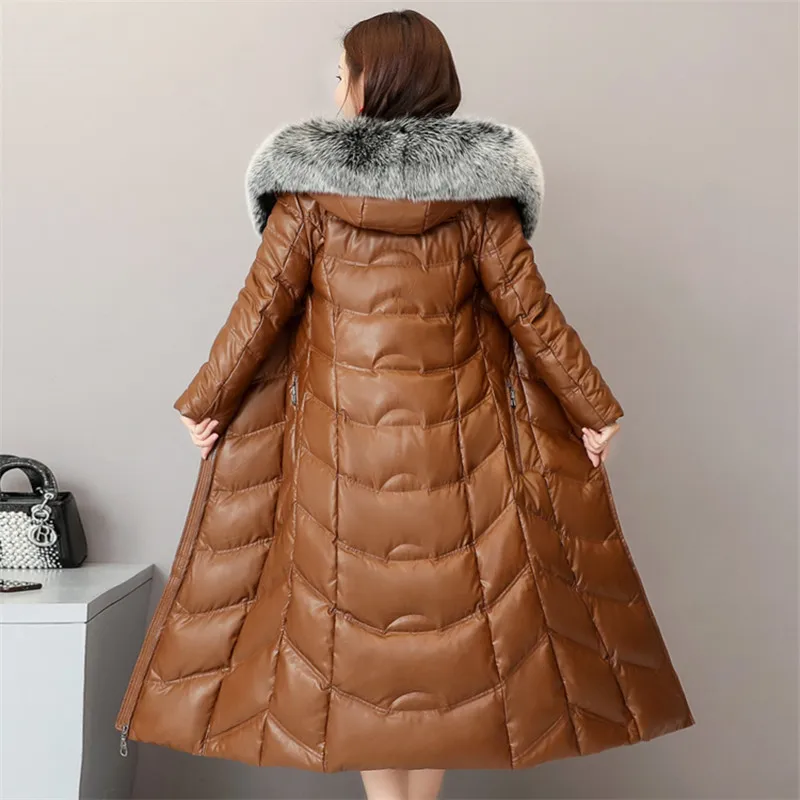 Jaqueta de couro Inverno para baixo do casaco feminino longo ovelhas jaqueta de couro feminina tamanho Grande 5XL preto de manga longa com capuz casaco de gola de pele