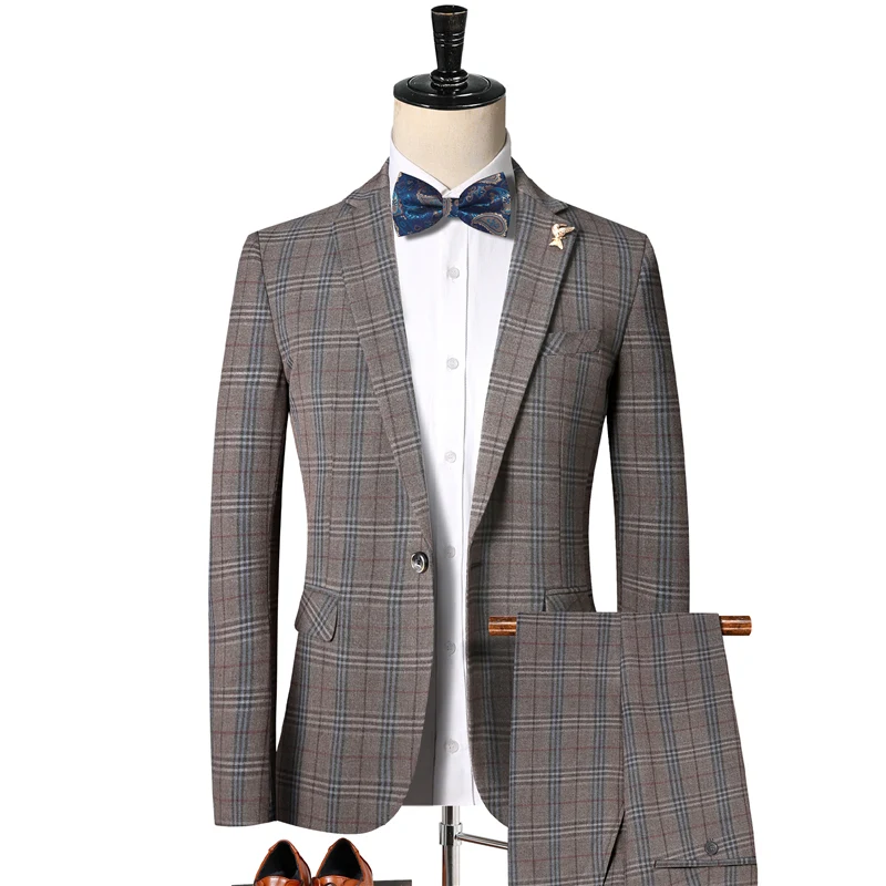 (Jaquetas+Calça) 2021 Homens de alta qualidade de algodão puro negócio Blazers/Masculino slim fit xadrez do Noivo Vestido de Casamento/Man 2 peças ternos
