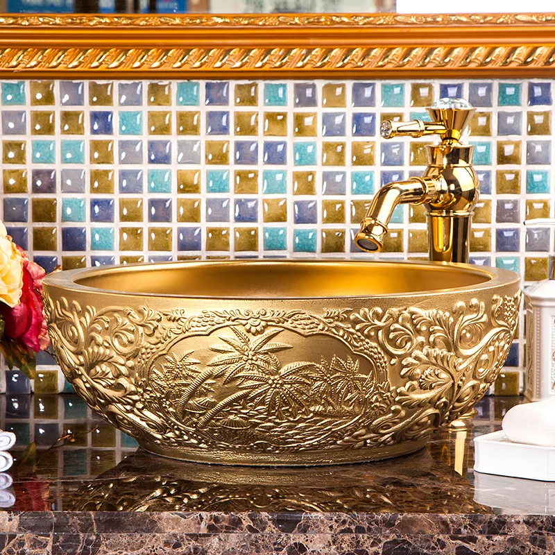 Jingdezhen De Cerâmica Tabela Bacia Europeia De Luxo Art Bacia De Ouro Lavatório Hotel De Compra Lavatório