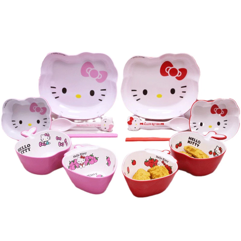 Kawaii Hello Kitty Crianças Talheres Terno Sanrio Anime Louças Bacia Bandeja De Frutas Jantar De Bebê Alimentação Tigela De Arroz Filho Dom