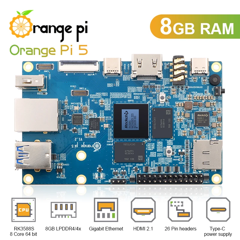 Laranja Pi 5 8GB RK3588S com wi-Fi+BT+Gigabit Ethernet+SSD PCIE Único Computador de Bordo, Suporte Android 12, Debian 11 OS