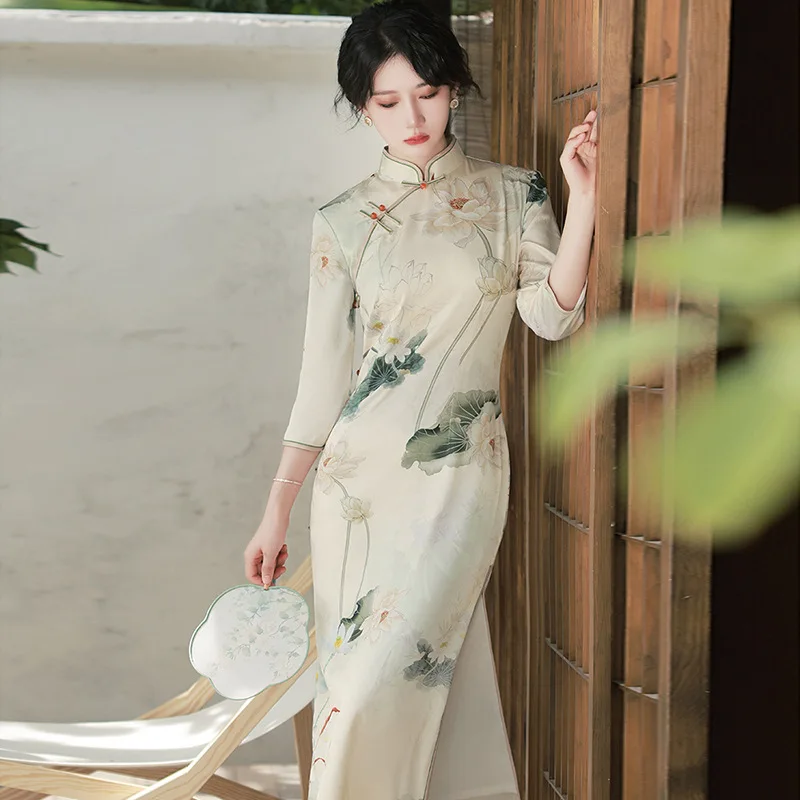Lotus Impressão Chinês Tradicional Vestido De Manga Longa De Mulheres Qipao Elegante Feminino Longo Cheongsam Moderno Qipao Vestido De Noiva