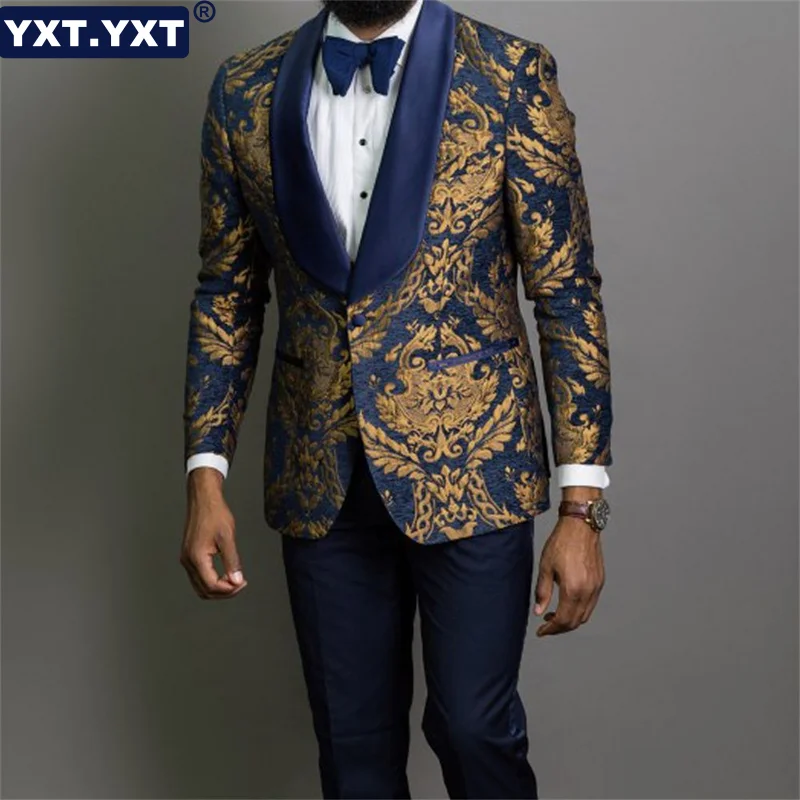 Luxo, Cheio de Homens de Terno 2023 Novo no Elegante Blazer Calça Veste Conjuntos de 3 Peças Azul Marinho Jacquard Floral Baile Homens Ternos para Casamento