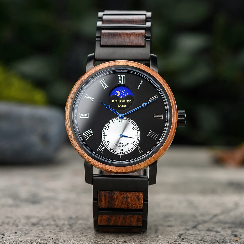 Madeira Assistir BOBO PÁSSARO Marca de Topo Nova Homens relógio de Pulso de Quartzo Fase da Lua Relógio Clássico Relógio de Luxo Personalizado Gravado Caixa de Presente