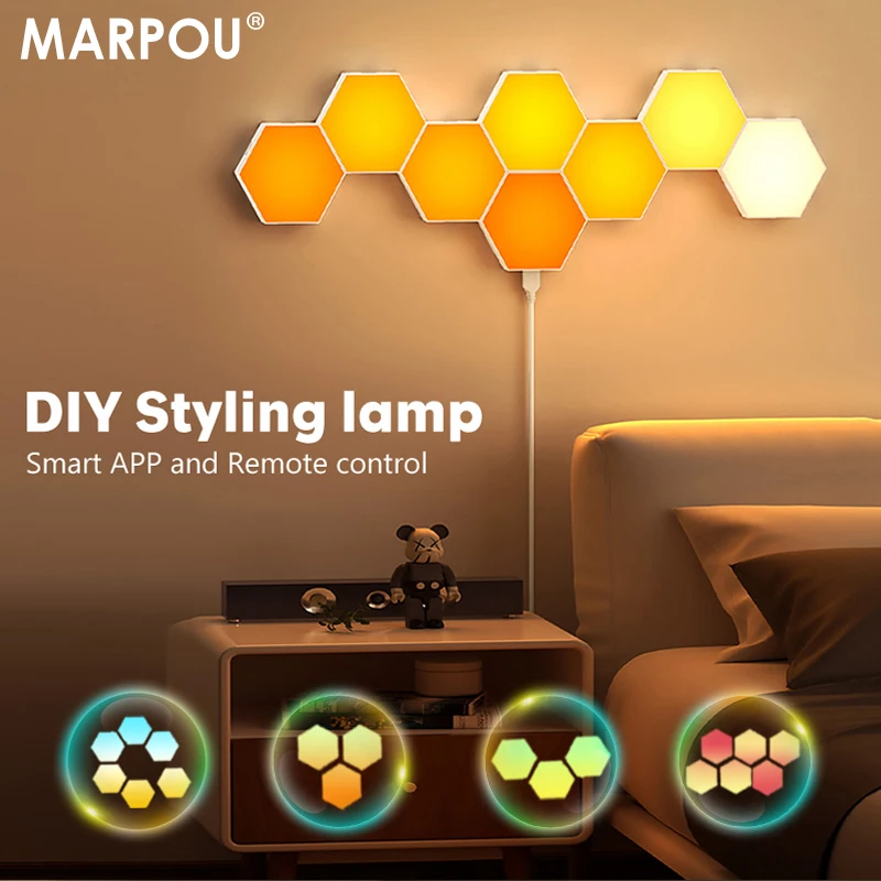 MARPOU DIY parede interior de luz de lâmpada de Cabeceira com Aplicativo de controle Remoto RGB Casa Inteligente lâmpadas de parede para sala de estar, quarto lâmpada da noite