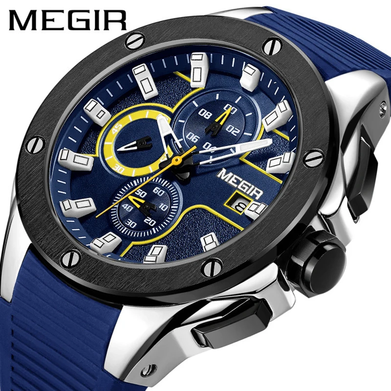 MEGIR de Silicone Azul Quartzo Relógios de homens de melhor Marca de Luxo Impermeável Lumious Cronógrafo Esporte Masculino relógio de Pulso Relógio Masculino