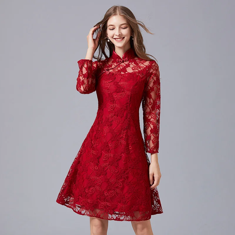 Melhorou o Estilo Chinês de Renda cheongsam grande vestido das mulheres brinde vestido de noiva vestido vermelho versátil diário moda vestido