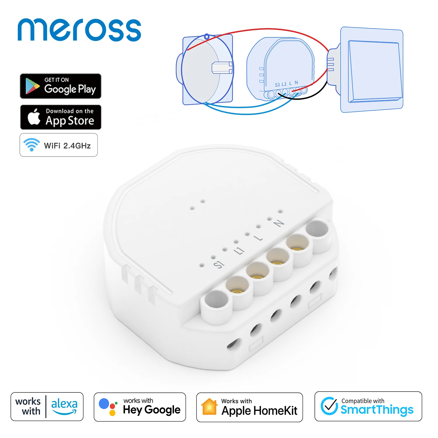 Meross Homekit Inteligente DIY Interruptor de Luz do Módulo wi-Fi Em-Interruptores de Parede sem Fio 1Gang 1Way Alternar Para o Alexa Inicial do Google SmartThings