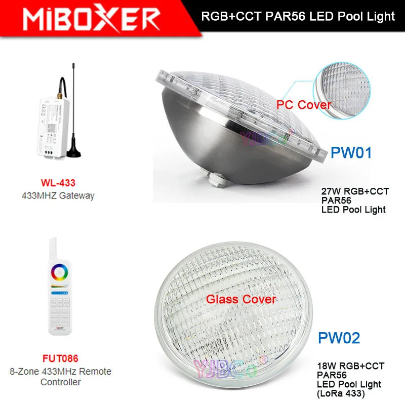 Miboxer 18W/27W RGB+CCT Subaquática led Lâmpada do DIODO emissor de luz PAR56 Pool de Luz PW01 PW02 IP68 Impermeável ;433MHz Gateway,8-Zona Remota