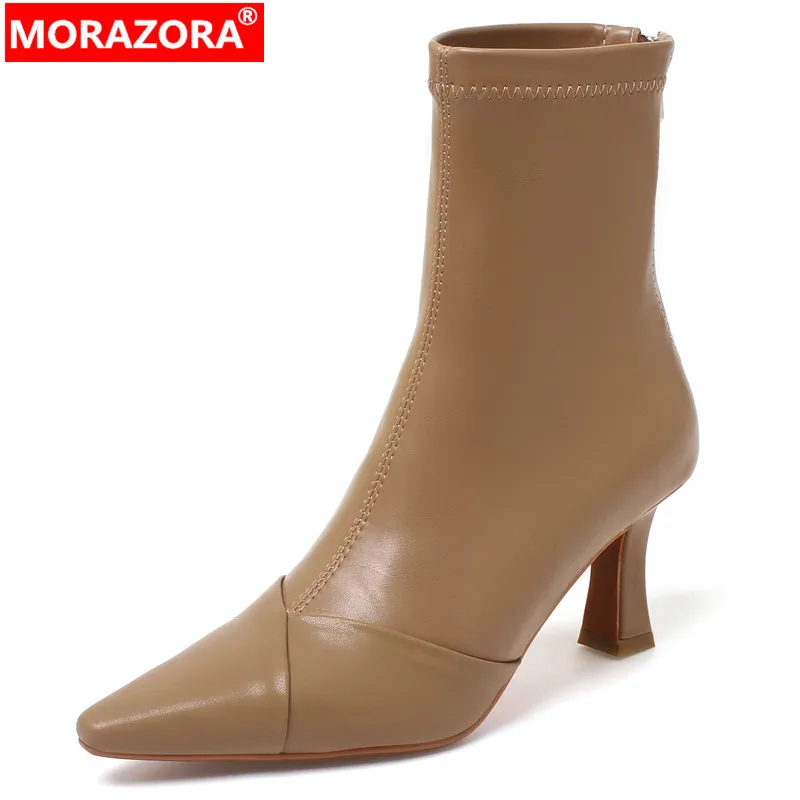MORAZORA 2023 Nova Couro Genuíno Mulheres Ankle Boots Concisa do sexo Feminino com Zíper Botas de Inverno Fino Salto Alto Botas Moderno