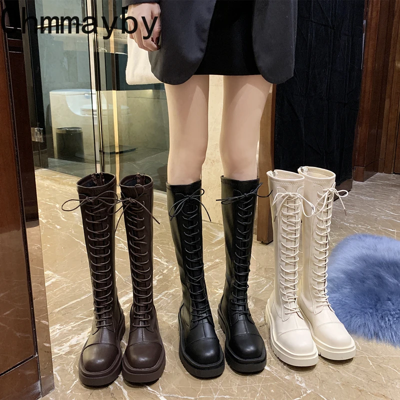 Mulheres de Inicialização para o Inverno 2023 Moda Laço de Espessura Inferior Cavaleiro Longo Botinhas Designer Festa da Menina Sapatos