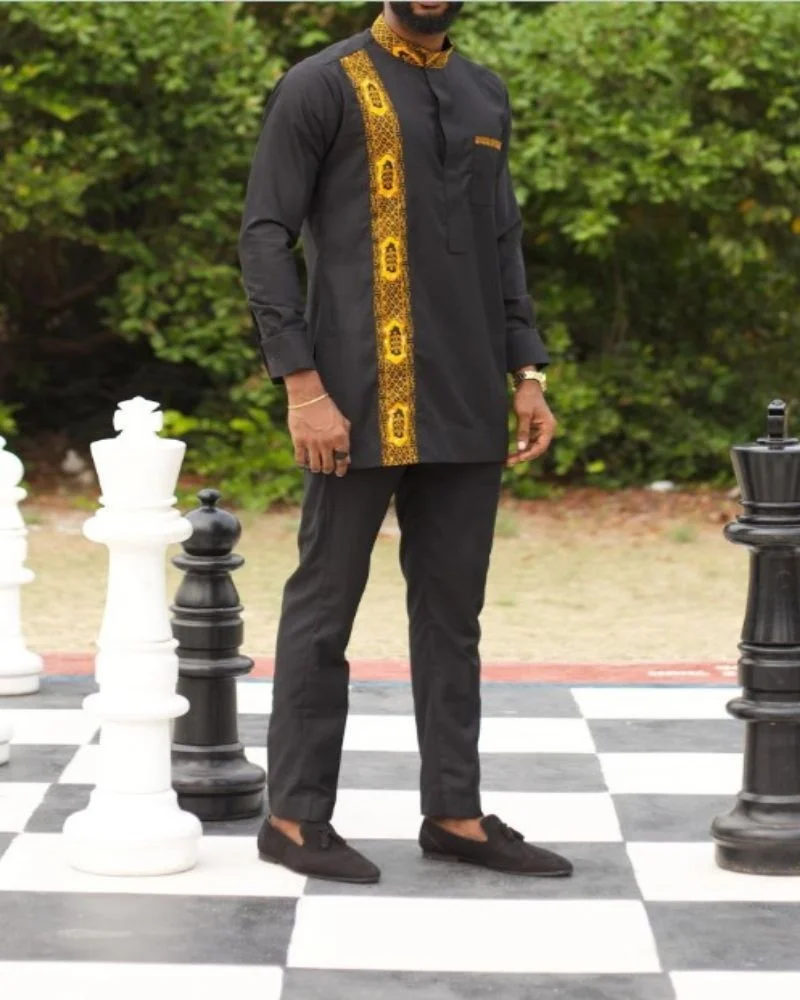 Muçulmano Moda Novo Estilo Casual Manga Longa Preto Nacionais Estilo Simples Stand Colarinho de Impressão Mosaico Camisa Sólido Calças dos Homens Conjunto