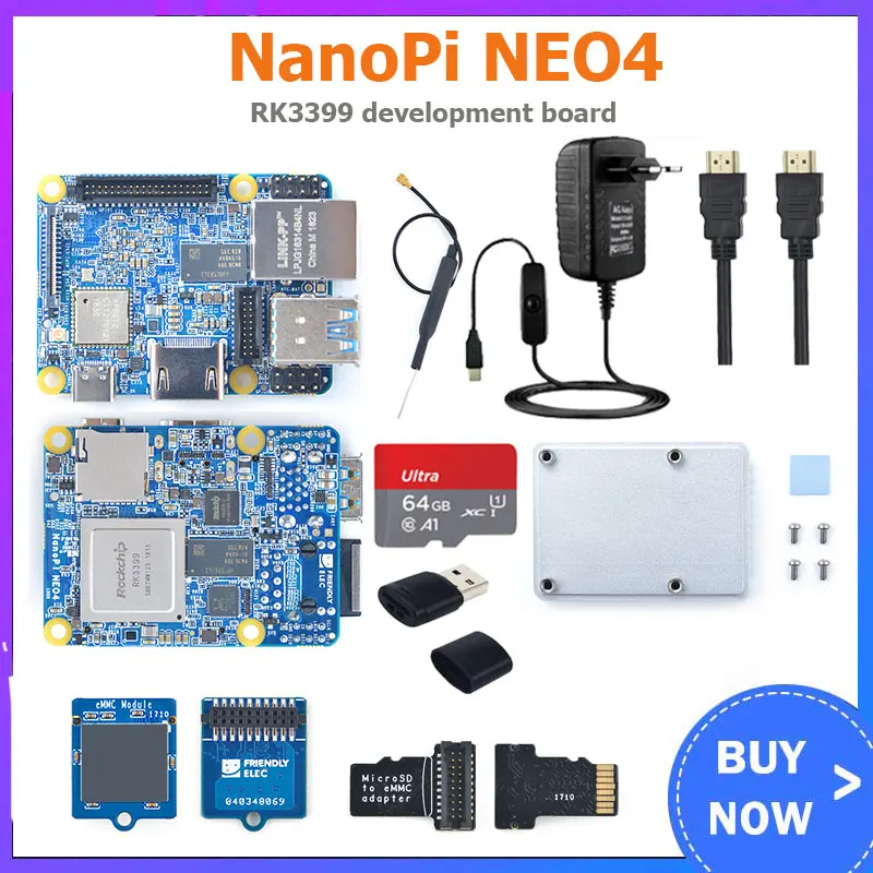 NanoPi NEO4 1GB de memória DDR3 Rockchip RK3399 Wi-Fi +BT Gigabit Opcional 16 32 curso de mestrado erasmus MUNDUS Caso da Fonte de Alimentação Dissipadores de calor para NanoPi NEO4