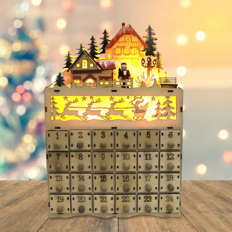 Natal de Madeira Calendário do Advento LED Iluminado Casa de Aldeia do Papai Noel Contagem regressiva Enfeite com Gavetas Grandes, Caixa de Natal Decoração