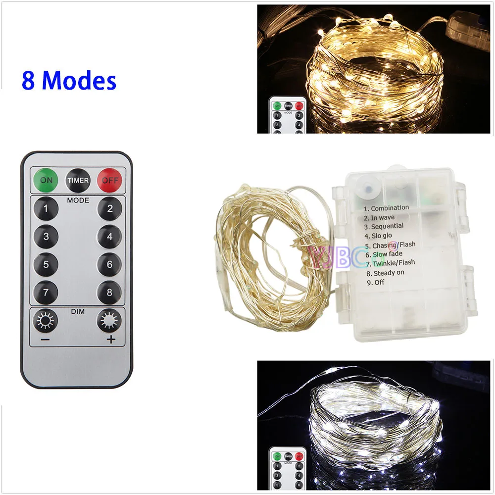 Natal Luz da corda LED 5M 10M 50/100 LEDs Fio de Prata de Fadas Garland à prova de água Com 8 Modos Remoto Bateria/alimentação USB
