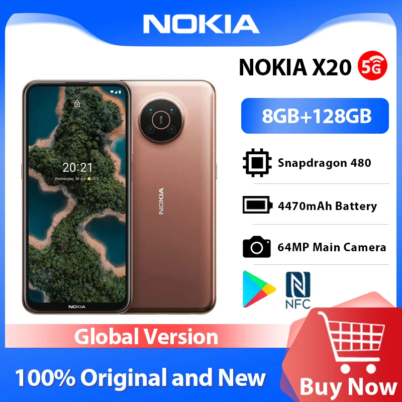 Nokia X20 5G Smartphone 8GB de 128GB 6.67 polegadas FHD+ Visor 4470mAh Bateria Snapdragon 480 64MP Quad Câmara 32MP Selfie 2 Cartão SIM