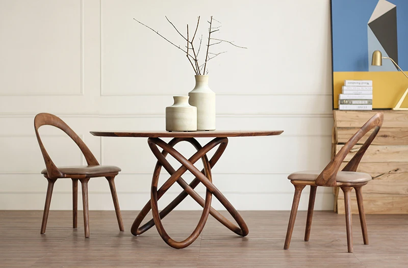 Nordic simples criativa pura madeira maciça mesa redonda home restaurante mesa de jantar, mesa cadeira combinação de preto em madeira de nogueira