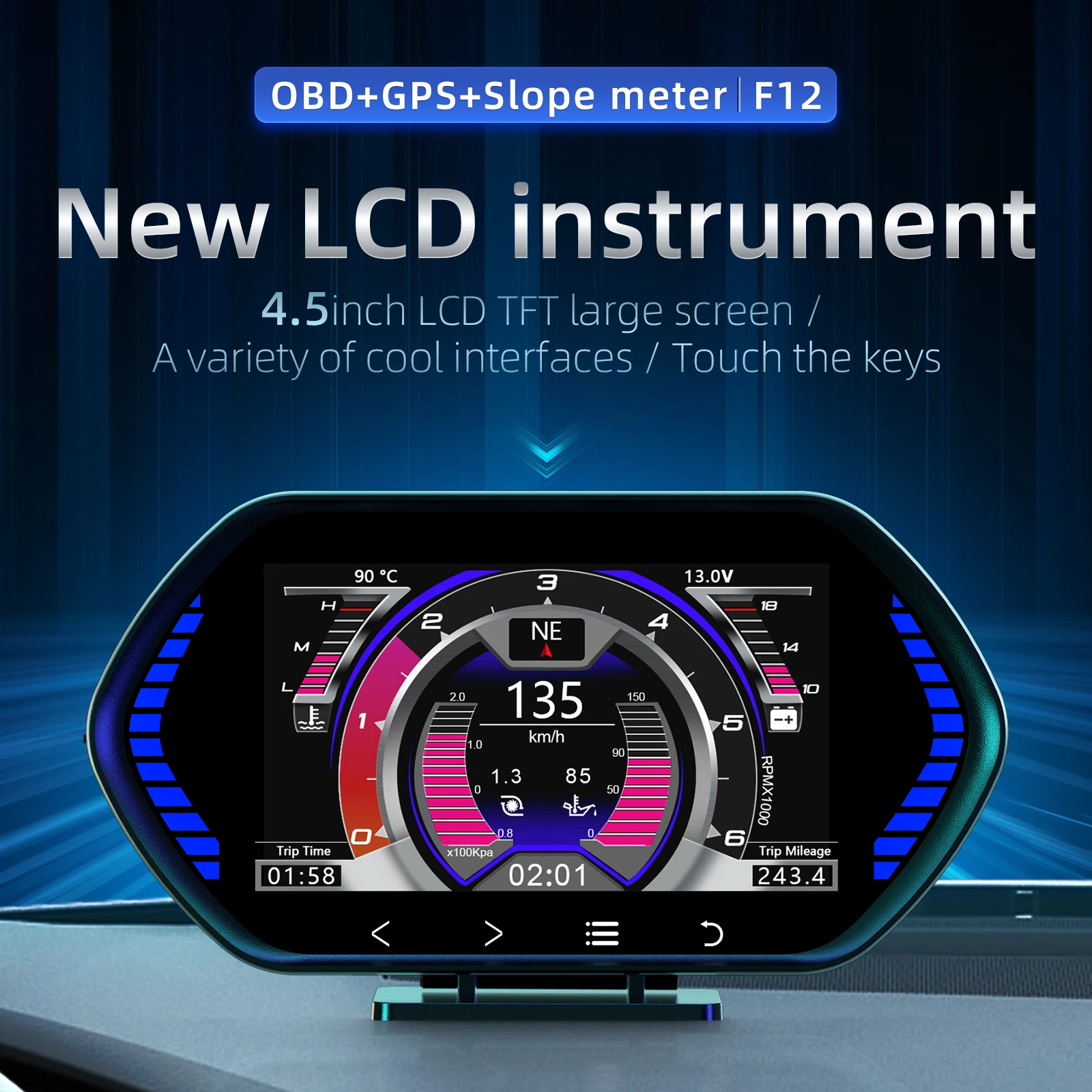 Nova F12 Head Up Display OBD2+GPS+Medidor de Inclinação Inclinômetro Digital Velocímetro do Carro o Alarme da velocidade Excessiva Multi-função LCD Instrumento