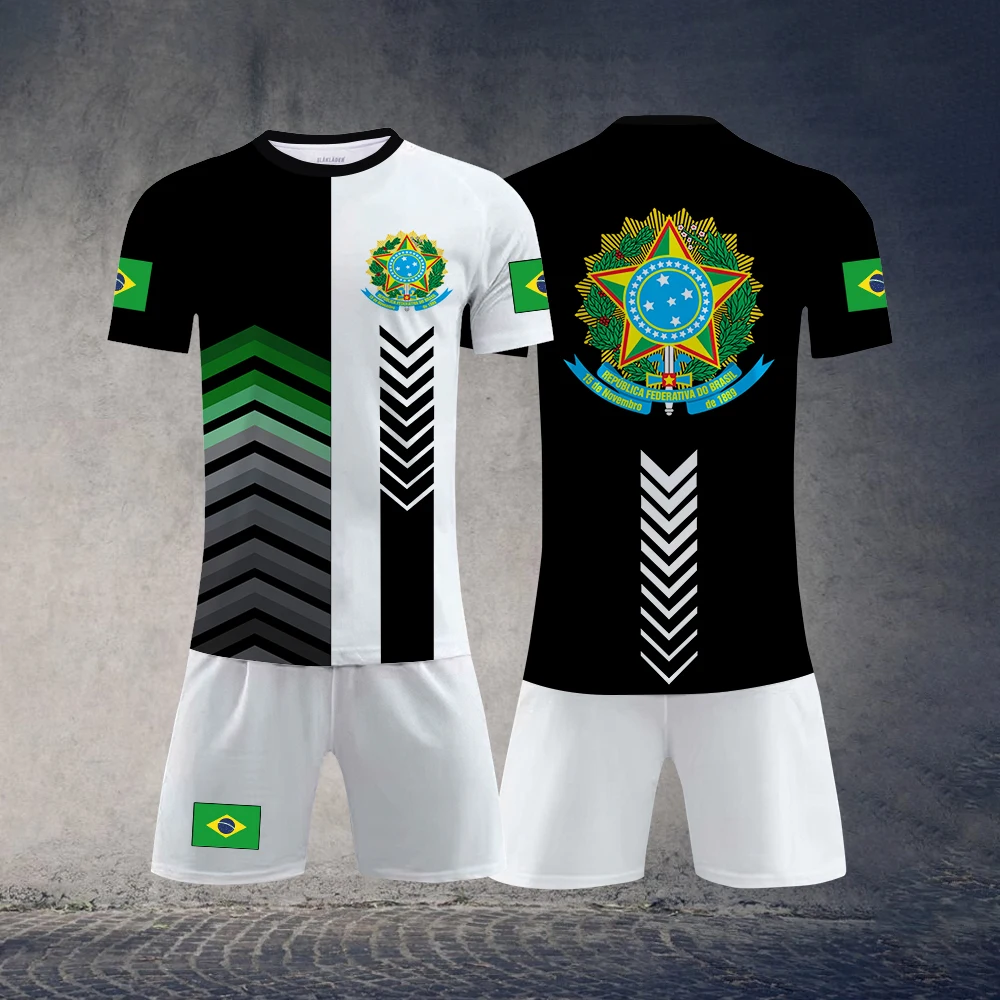 Nova Verão de Futebol de T-Shirt, Shorts sSet Secagem Rápida Absorção de Esportes Terno 3D de Futebol do Brasil Equipe de Uniforme de grandes dimensões Praia de Terno