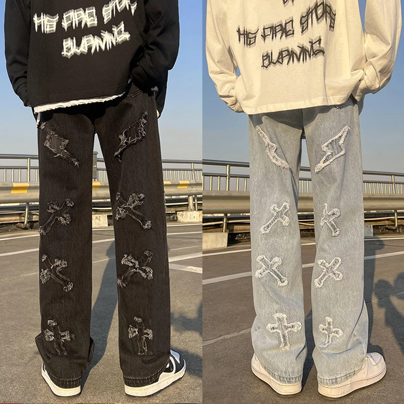 Novas calças de brim dos Homens Neutro Grande Perna de Jeans, Calças Soltas, em linha Reta Jeans de Luxo da Juventude Rua Casual Cruz Bordado de Hip hop Calças