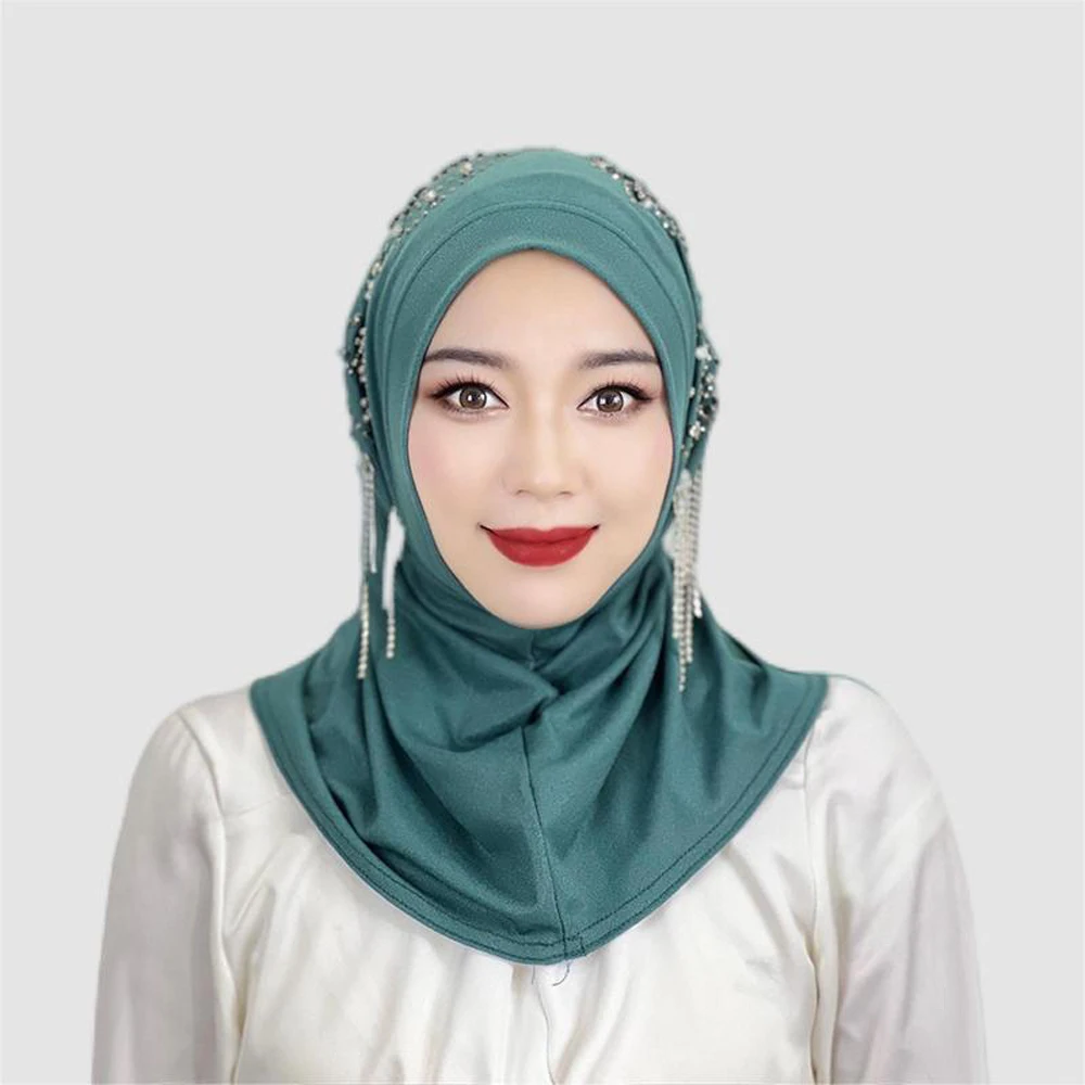 Novo 2023 Mulheres de Véu cor-de-Rosa Roupas do Hijab, o Niqab Pronto Para Colocar Em Jersey Islâmica de Luxo Diamante Integrado Chapéu de Senhoras de lenço na cabeça