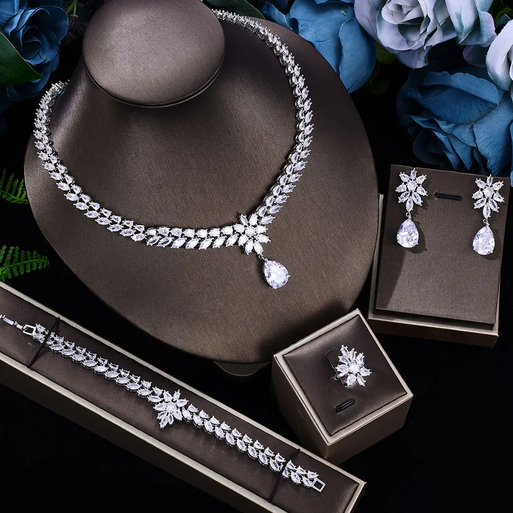 Novo 4-conjunto de peças de design leve de presente de aniversário durável colar brincos pulseira, anel de presente de casamento