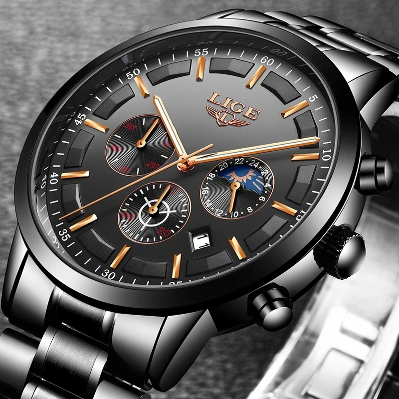 Novo LIGE Relógio Marca de Topo Luxo Homens Cronógrafo de Quartzo Relógios de pulso de Aço Impermeável Homens Esportes, Moda Relógio Relógio Masculino