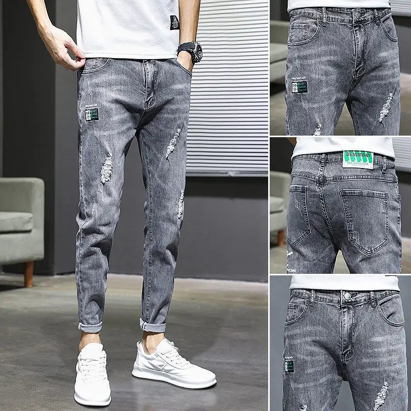 Novos Homens do Ripped Jeans 2023 Verão Fina Casual Slim Fit Estilo coreano Pé Pequeno de Nove Leggings Britânico de Moda de Calças de Elástico