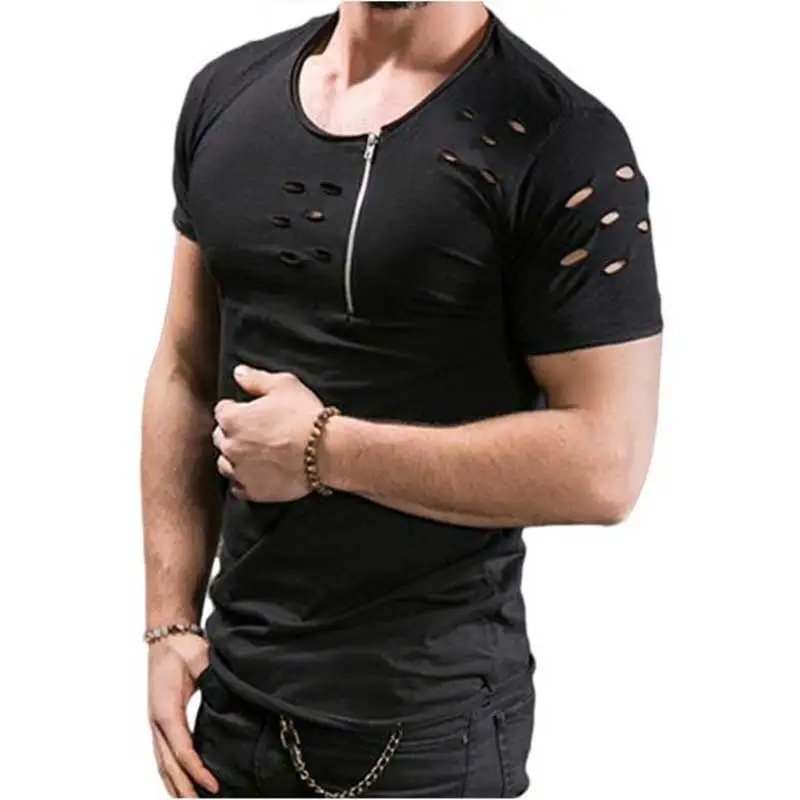 NÃO.2 A1508Ripped dos Homens T-Shirt de Ajuste Fino Músculo O Top com Decote Tee Nova Moda de Verão Buraco Casual Manga Curta T-Shirt Homens de Roupa