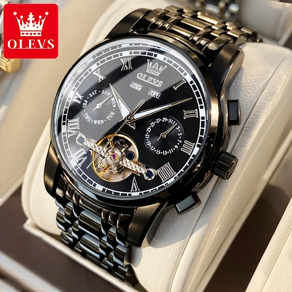 OLEVS Marca Original relógios Para Homens Relógio Mecânico Automático de melhor Marca de Luxo Turbilhão de relógio de Pulso Clássico Masculino Preto Relógios