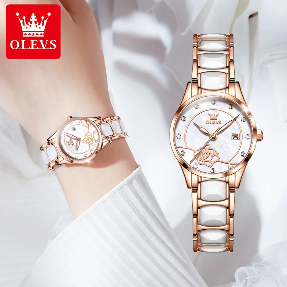 OLEVS Mulheres Relógios de Marca Top de Luxo Relógios Cerâmicos para Mulheres Importados Movimento de Quartzo relógio de Pulso Senhoras Relógio Feminino